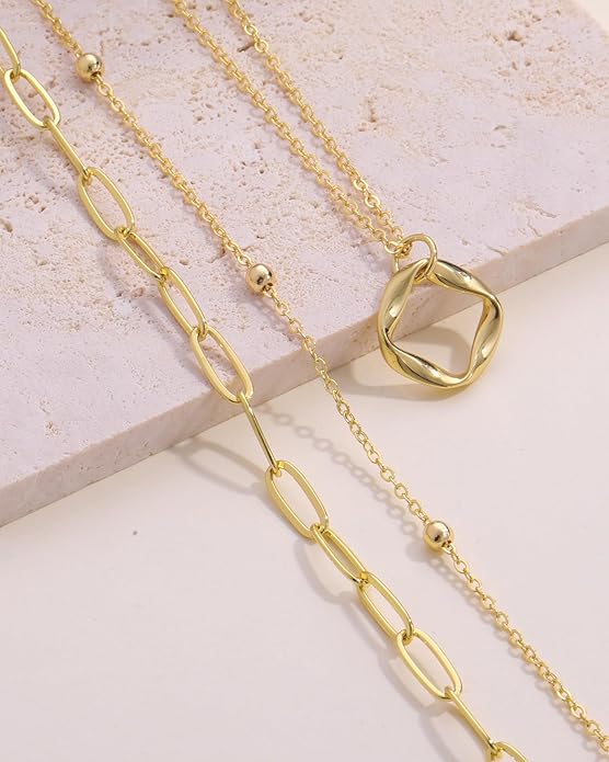 Layered Gold Silver Necklace for Women Non Tarnish,Dainty Choker Statement Chunky Necklace Stack Charm Pendant Chain Necklace Set 14K Gold Plated Long Stacked Womens Necklaces Trendy Jewelry Gift