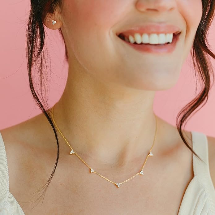 Dainty Necklaces for Women Cute Station Choker Necklace Cubic Zirconia Simulated Diamond Necklace Simple Layering CZ Necklace Trendy Jewelry Gifts