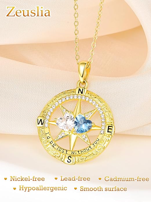 Zeuslia Double Birthstone Necklace Gifts for Wife - 925 Sterling Silver Sunflower/Rose/Crown Cross/Compass/Heart Pendant I Love You Necklace, Anniversary Birthday Gifts for Wife Girlfriend Mom Her
