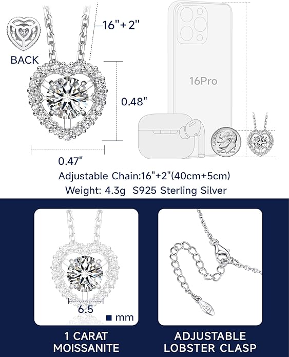 MomentWish Dancing Heart Necklace for Women, 0.5/1 Carat Dancing Moissanite Necklace for Her 925 Sterling Silver Pendant Anniversary Birthday Christmas Gift for Wife Mom Girlfriend