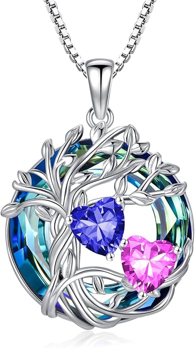 TOUPOP s925 Sterling Silver Family Celtic Tree of Life Pendant Necklaces with 2 Heart Birthstone with Blue Austrian Crystal Jewelry Birthday Anniversary Christmas Gifts for Her Wife Girlfriend Mom (18K Real White Gold Filled)