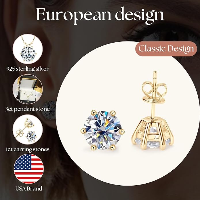 925 Sterling Silver Moissanite Jewelry Set - Classic European Design Necklace Earrings Set with Round Cut Moissanite Pendant - Adjustable Chain - Gift Box