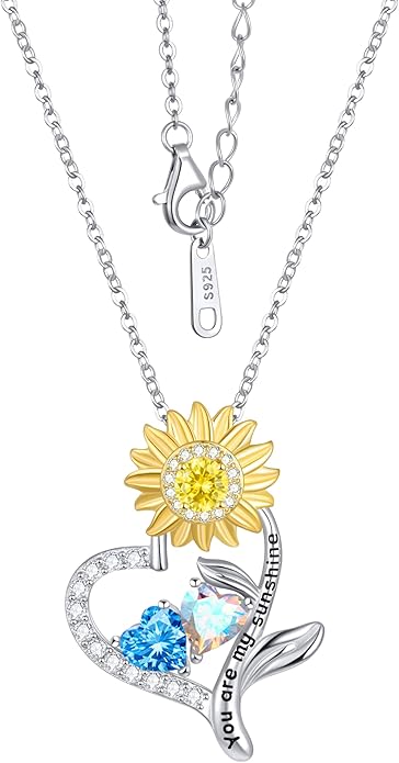 PERJI Valentine's Day Gifts for Women - 925 Sterling Silver Double Birthstone Sunflower Necklace, Anniversary Birthday Jewelry You are My Sunshine Gifts for Wife Couple Girlfriend 18"+2" Non Tarnish