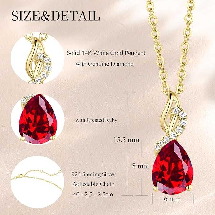 FANCIME 14K Solid Yellow Gold Teardrop Pendant with Diamond Birthstone Necklace Birthday Gifts for Mom Women, Sterling Silver Chain 16" + 2" Extender