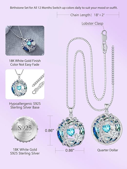 TOUPOP s925 Sterling Silver Family Celtic Tree of Life Pendant Necklaces with 2 Heart Birthstone with Blue Austrian Crystal Jewelry Birthday Anniversary Christmas Gifts for Her Wife Girlfriend Mom (18K Real White Gold Filled)