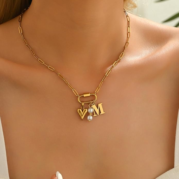 Gold Heart Initial Necklaces for Women 18K Gold Plated Dainty Pearl Letter Necklace Personalized Monogram Name A-Z Pendant Everyday Jewelry for Women