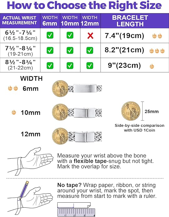 Richsteel Bracelets for Men 6mm/10mm/12mm Width Stainless Steel With Sturdy Clasp Franco Curb Chain Mens Bracelet 7.4/8.2/9 Inches Length
