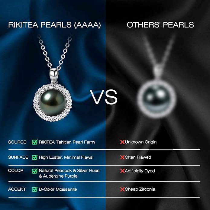 Genuine Tahitian Black Pearl Necklaces for Women, 9-12mm AAAA Seawater Pearl - Sterling Silver Moissanite Pendant, Wedding Anniversary, Birthday, Christmas Gift for Wife, Mom, Girlfriend, Fine Jewelry