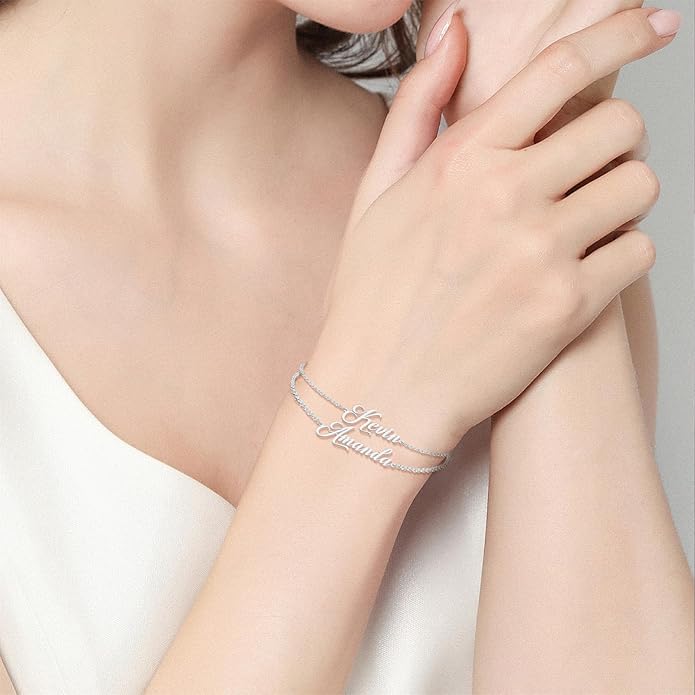 LucySky Custom Bracelets with 2 Names for Women, 925 Sterling Silver Adjustable Personalized Name Anklet, Custom Bracelets Summer Beach Jewelry Dainty Gifts for Wife, Sister, Friends