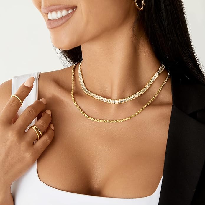 KissYan Diamond Tennis Necklace for Women, 14K/White Gold Plated Cubic Zirconia Baguette Tennis Chain Chunky Paperclip Link Cuban Choker Necklace Dainty Jewelry Gifts