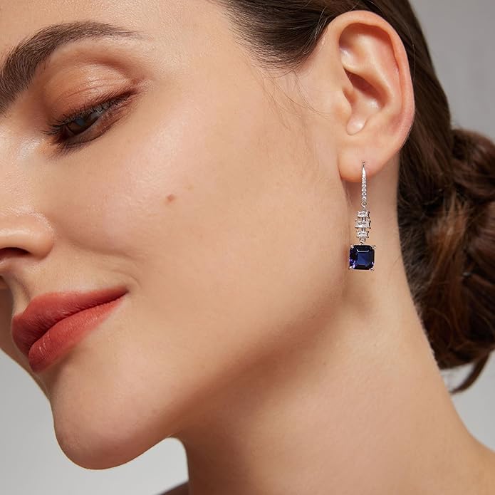 18K White Gold Plated Sterling Silver Asscher Cut Cubic Zirconia Dangle Earrings for Women Square CZ Diamond Drop Dangling Earrings for Women Mom