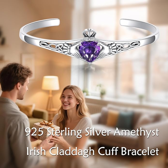 Genuine Amethyst Claddagh Cuff Bracelet for Women, 925 Sterling Silver Adjustable Celtic Knot Bangle, Irish Good Luck Friendship Gift for Her