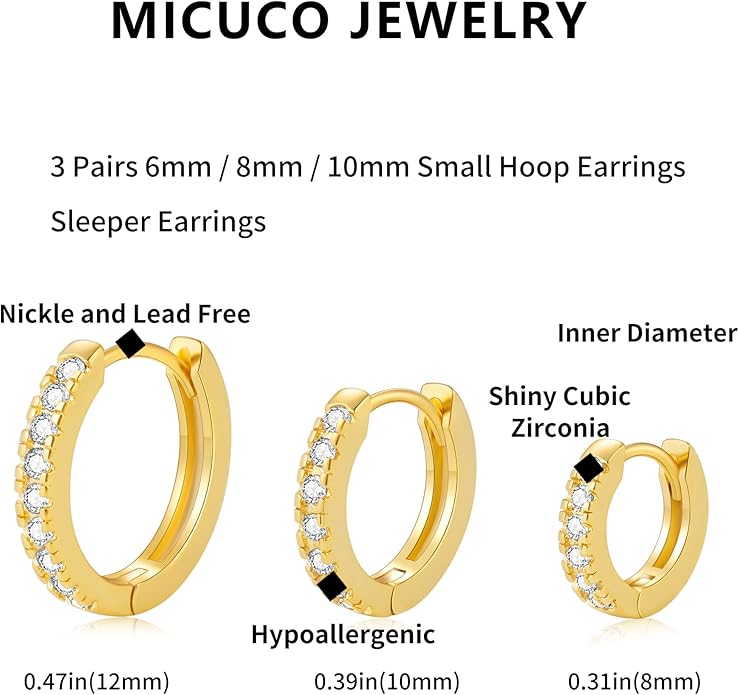 micuco 3 Pairs Small Hoop Earrings Tiny Cartilage Earrings for Women Cubic Zirconia Earrings Huggie Hoop Ear Piercing Earrings for Men 8mm 10mm 12mm