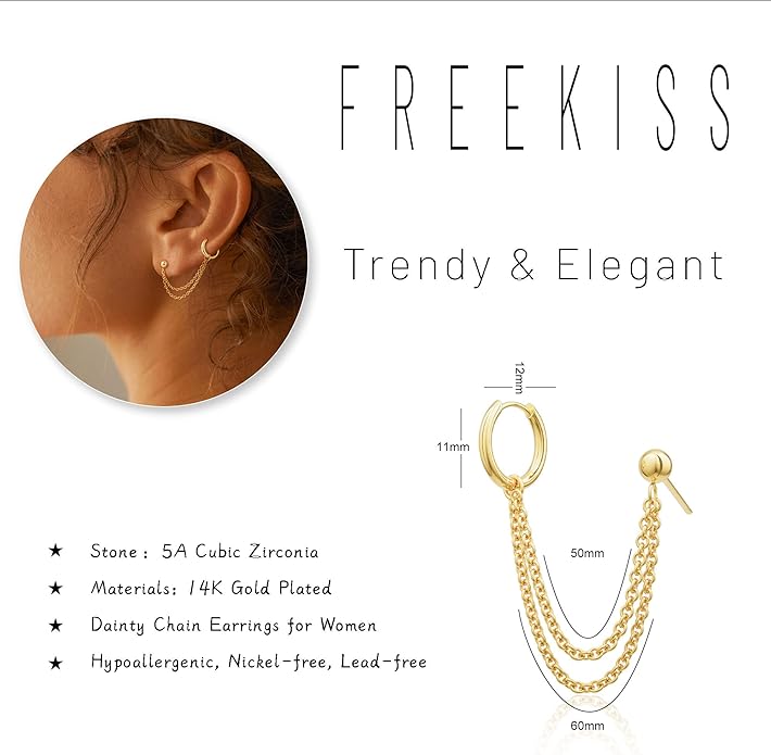 Freekiss Gold Chain Studs Earrings for Women Trendy: Hypoallergenic 14K Gold Plated Dangle Earrings Dainty Small Long Chain Earring Set Fashion Gold Jewelry for Women