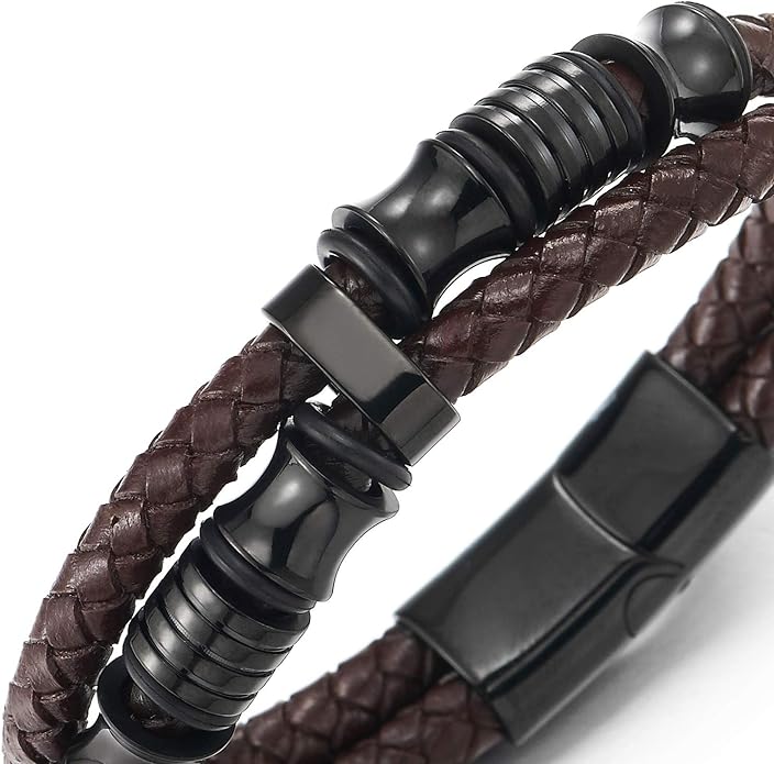 COOLSTEELANDBEYOND Mens Double-Row Braided Leather Bracelet Bangle Wristband with Stainless Steel Ornaments