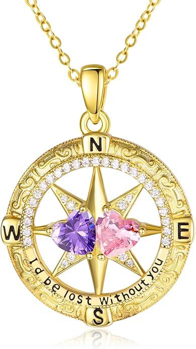 Zeuslia Double Birthstone Necklace Gifts for Wife - 925 Sterling Silver Sunflower/Rose/Crown Cross/Compass/Heart Pendant I Love You Necklace, Anniversary Birthday Gifts for Wife Girlfriend Mom Her