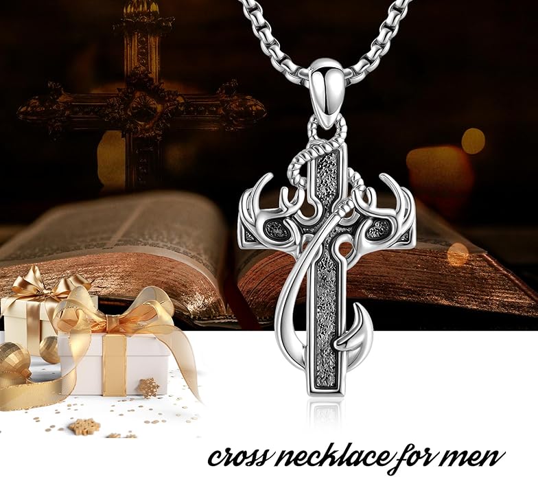 CCmfgjew Christmas Gifts Cross Necklace for Men Stainless Steel Fish Hook Pendant Antler Necklace Hunting Jewelry Gifts for Father Husband Brother 22+2”