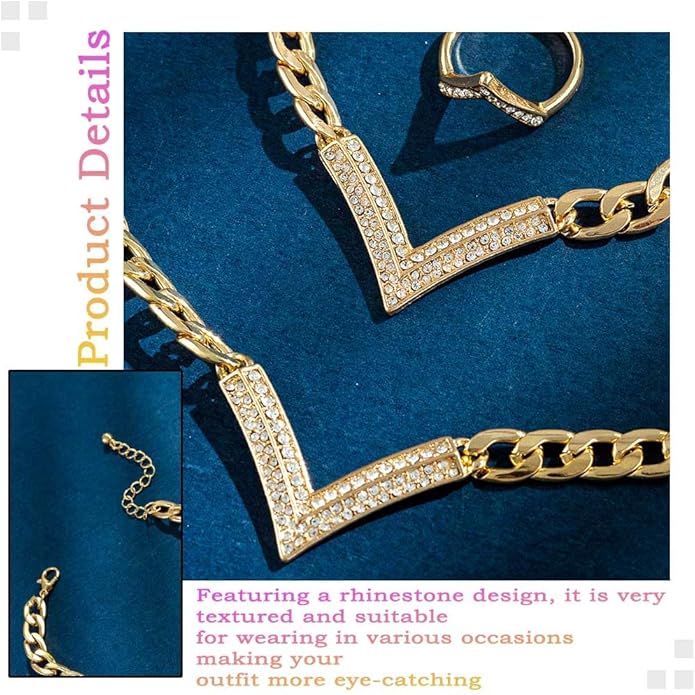 Dmaiy Gold Rhinestones Necklace Set Punk Crystal Bracelet Sets Geometric V-shape Necklace Bridal Ring Set for Women