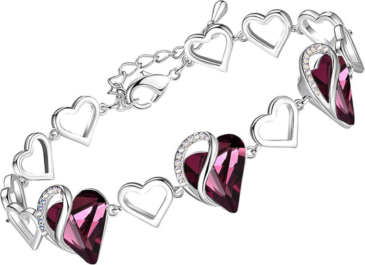 Leafael Infinity Love Heart Link Bracelets, Birthstone or Healing Stone Crystal Bracelet for Women, Silver Tone Jewelry Gifts for Her, 7-inch Chain and 2-inch Extender