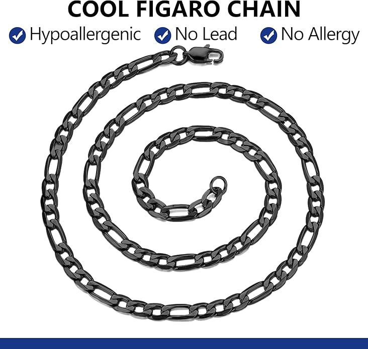PROSTEEL 316L Stainless Steel Figaro Cuban Chain Necklace for Men, Black/18K Real Gold Plated, 4/5/6/7.5/9/10/13mm, 14inch-30inch, Come with Box