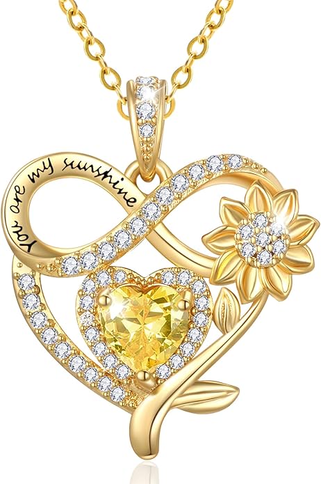 14K Gold Sunflower Heart Necklace for Women, You Are My Sunshine Jewelry with Birthstone Pendant, Anniversary Birthday Gifts for Her Wife Mom Grandma Daughter