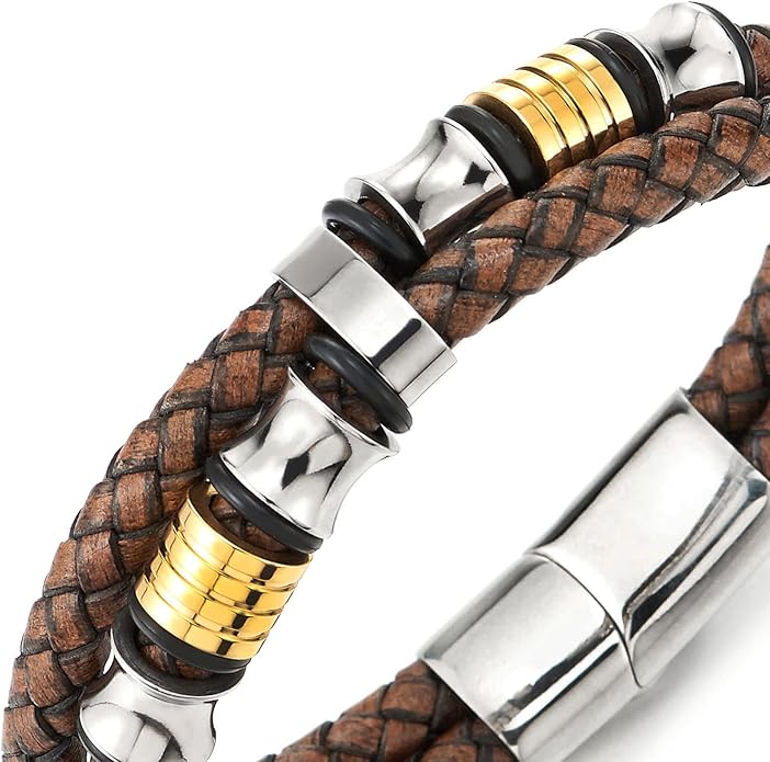 COOLSTEELANDBEYOND Mens Double-Row Braided Leather Bracelet Bangle Wristband with Stainless Steel Ornaments