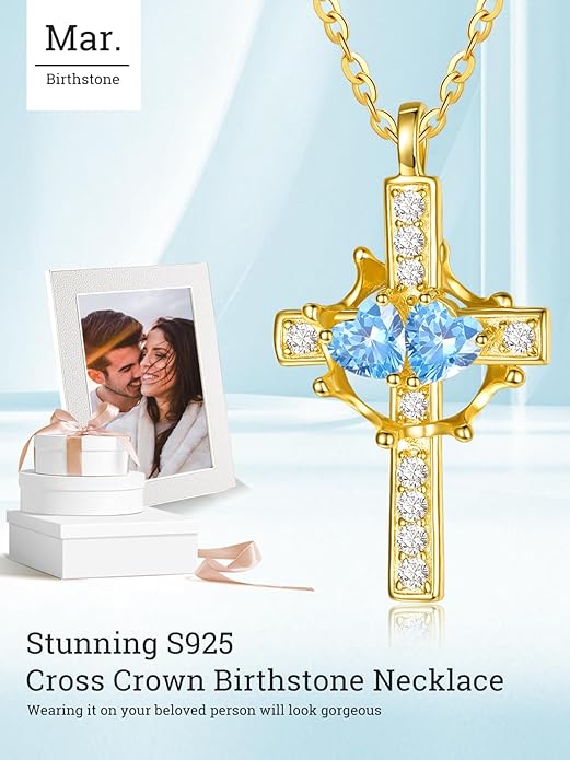 Zeuslia Double Birthstone Necklace Gifts for Wife - 925 Sterling Silver Sunflower/Rose/Crown Cross/Compass/Heart Pendant I Love You Necklace, Anniversary Birthday Gifts for Wife Girlfriend Mom Her