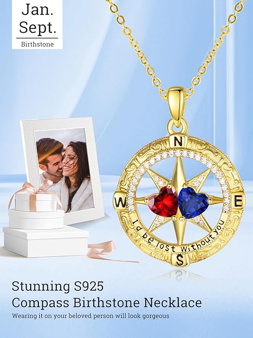 Zeuslia Double Birthstone Necklace Gifts for Wife - 925 Sterling Silver Sunflower/Rose/Crown Cross/Compass/Heart Pendant I Love You Necklace, Anniversary Birthday Gifts for Wife Girlfriend Mom Her