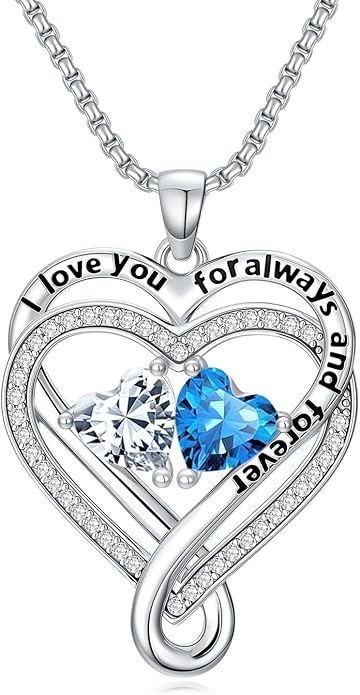 I Love You for Awlays and Forever Double Heart Necklace with Birthstone, 2 Birth Stone Jewelry Anniversary Valentines Mothers Day Christmas Birthday Gifts for Women Her Wife Girlfriend Mom Mother