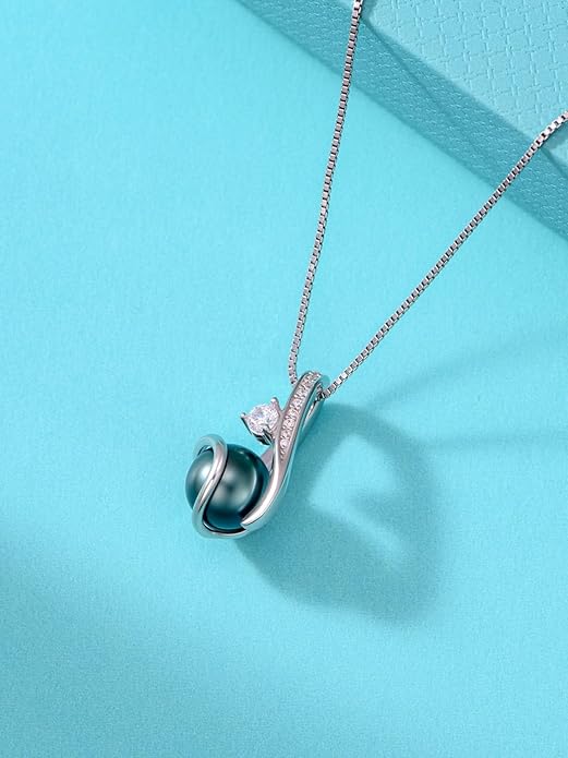 KANNSOAR Tahitian Black Pearl AAAA 18K White Gold Plated Sterling Silver Pendant Necklace for Women Wife Mom Girlfriend Valentine Her Jewelry Gift for Anniversary Birthday Christmas