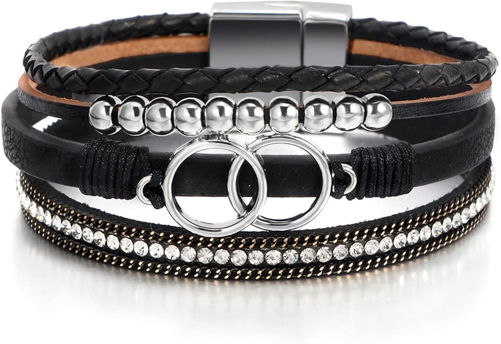 Fesciory Leopard Bracelet for Women, Boho Leather Wrap Multi-Layer Pearl Crystal Bracelet Bangle Jewelry