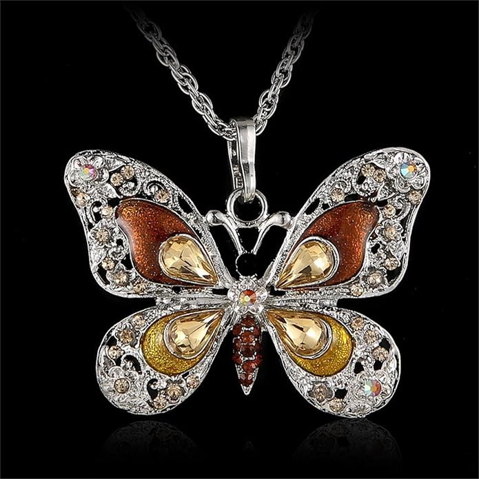 Vintage Multicolor Butterfly Necklace Bohemian Multicolor Enamel Butterfly Necklace Rhinestone Butterfly Pendant Necklace Chain Enamel Ethnic Costume Jewelry for Women