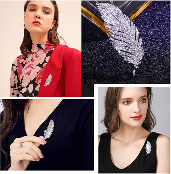 Rhinestone Feather Brooches Pin for Women Men Fashion Crystal Delicate Leaf Brooch Lapel Pins Elegant Dress Accessories Jewelry Boutonniere Corsage for Hat Bag Suit Tie Wedding Birthday