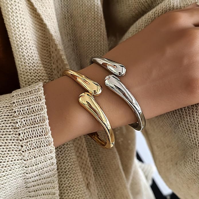 Gold Silver Bangles Bracelet for Women Trendy, 14K Gold Plated Dainty Thick Chunky Cuff Bracelet Stack