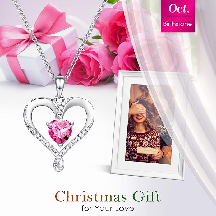 Birthstone Necklace for Women, 18K White Gold Heart Necklace Filled 925 Sterling Silver, Diamond Womens Jewelry Christmas Gifts for Women Wife