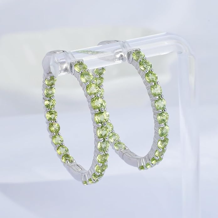 Hoop Earrings with 40 Colored Gemstones, Birthstone Earrings, 925 Sterling Silver Rhodium Plated, Push Back Closure, 1.18'