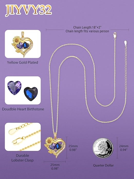 Sunflower Heart Necklace for Women 14K Gold Exquisite Anniversary Birthday Gifts for Wife Mother Her Double Birthstone Pendant jewelry‘You Are My Sunshine’
