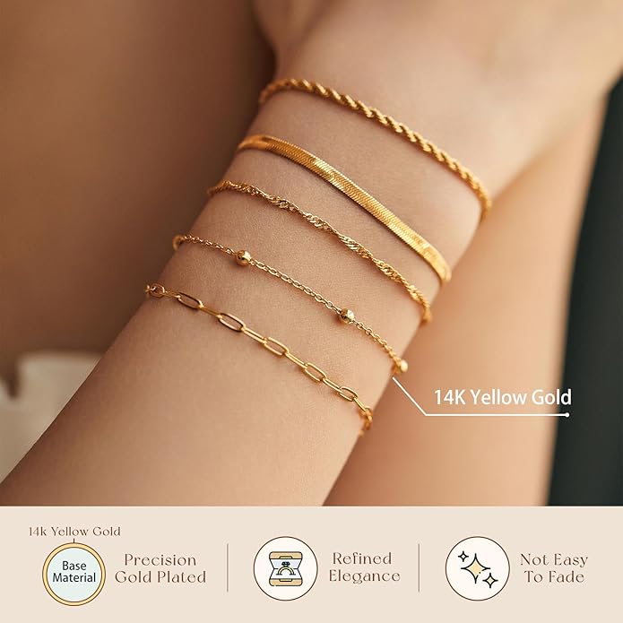 adoyi Gold Bracelets for Women, 14K Gold Plated Stackable Bracelet Stack Set Adjustable Charm Paperclip Chain Cuban Link Layered Waterproof Jewelry Sets Gifts for Womens 6.0/6.8/7.2"