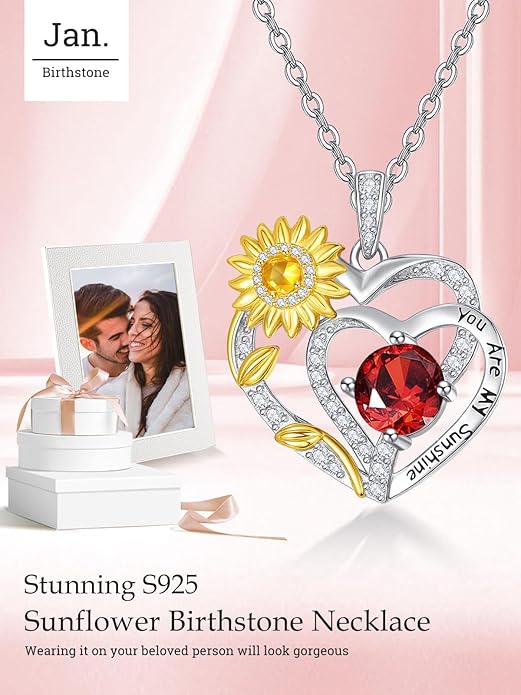 Zeuslia Double Birthstone Necklace Gifts for Wife - 925 Sterling Silver Sunflower/Rose/Crown Cross/Compass/Heart Pendant I Love You Necklace, Anniversary Birthday Gifts for Wife Girlfriend Mom Her