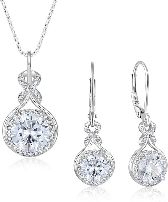 Birthstone Infinity Jewlery Set for Women, 925 Sterling Silver Necklaces and Earrings Halo Jewelry Gift for Birthday Anniversary