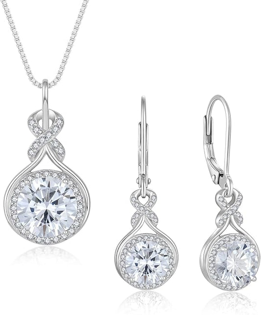 Birthstone Infinity Jewlery Set for Women, 925 Sterling Silver Necklaces and Earrings Halo Jewelry Gift for Birthday Anniversary