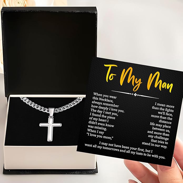 FLAGISTA To My Man Cross Necklace, Stainless Steel Cross Pendant with Adjustable Cuban Link Chain, Meaningful Gift for Him.