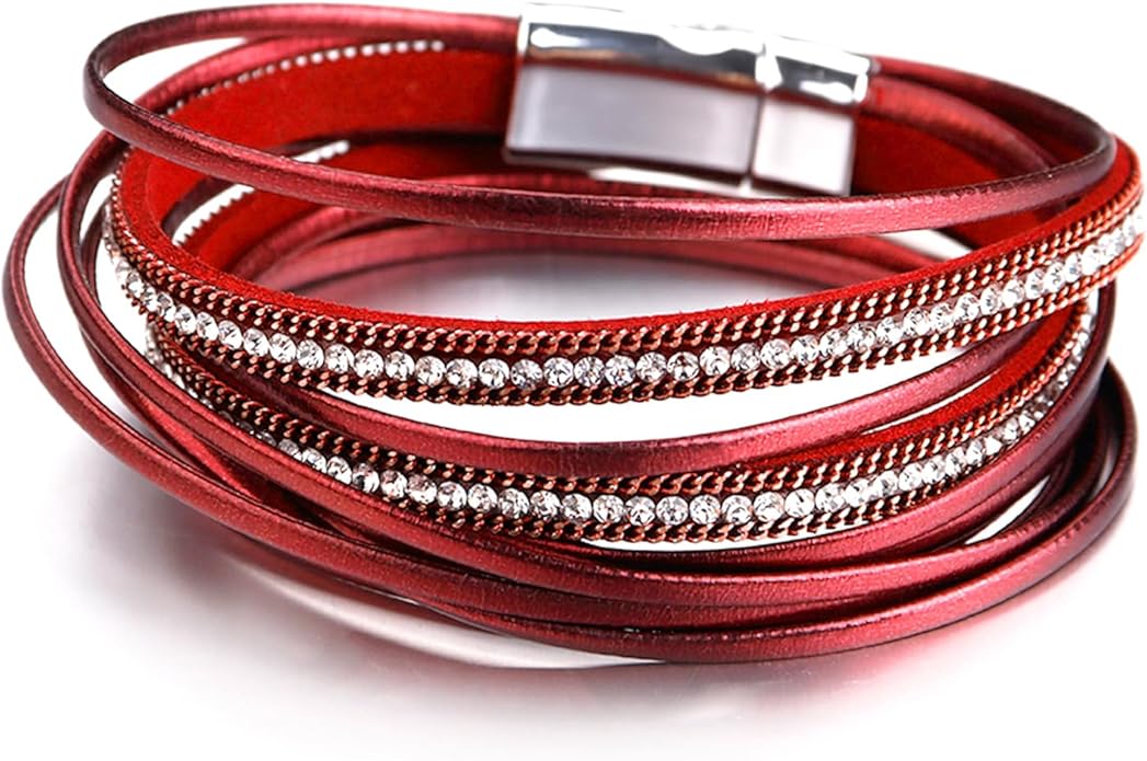 Fesciory Leather Wrap Bracelets for Women, Boho Leopard Multi-Layer Crystal Beads Cuff Bracelet Jewelry