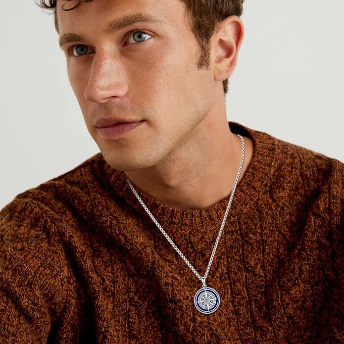 KINGWHYTE Compass Necklace for Men 925 Sterling Silver Birthday Gifts Graduation Travel Jewelry for Husband Brother with Stainless Steel Chain