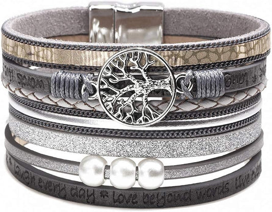Fesciory Leopard Bracelet for Women, Boho Leather Wrap Multi-Layer Pearl Crystal Bracelet Bangle Jewelry