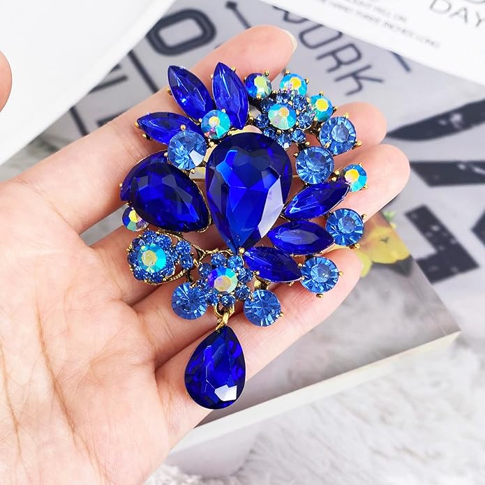 LAXPICOL Vintage Wedding Bridal Big Blue Crystal Rhinestone Tear drop Brooch Pin for Women