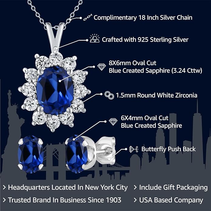 Gem Stone King 8X6MM and 6X4MM Oval Gemstone Birthstone Pendant and Earrings Jewelry Set For Women | 925 Sterling Silver | Fine Jewelry Gifts for Her Mom Women Wife | With 18 Inch Chain