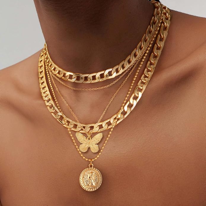 MJartoria Layered Necklaces for Women Trendy Retro Coin Pendant Necklace Dainty Chunky Chain Choker Necklaces for Jewelry Birthday Gifts