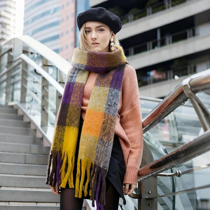 SHOHOKU Large Chunky Plaid Scarf Coloured Checked Oversized Scarf Tassel Soft Fall Winter Thick Warm Shawl Women
