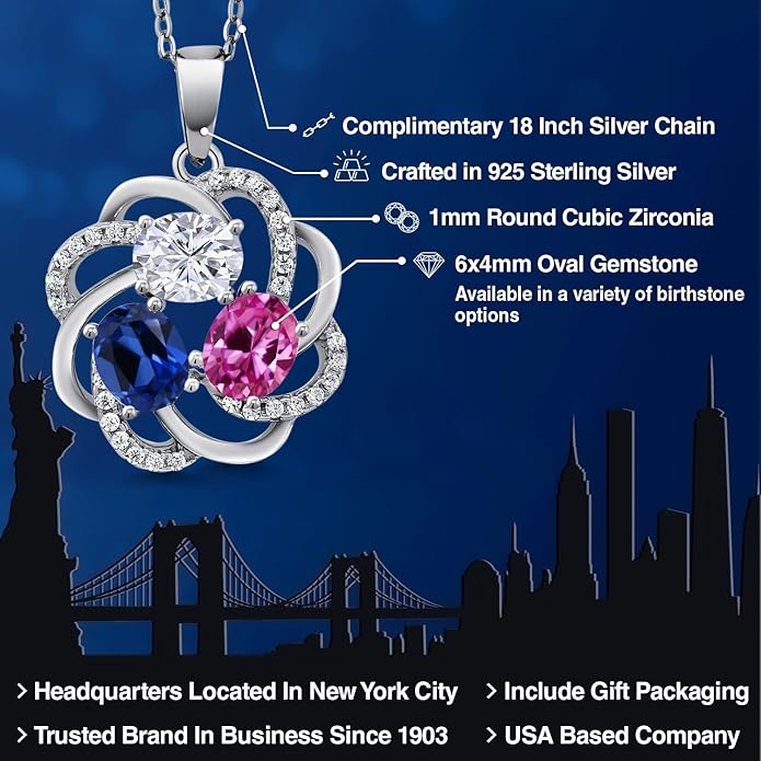 Customized Personalized Women's Necklace with 3 Gemstone Birthstone | 925 Silver Jewelry for Mom Wife Grandma Sister Friend | 18 Inch Chain | Anniversary Birthday Mother’s Day Christmas Valentine's